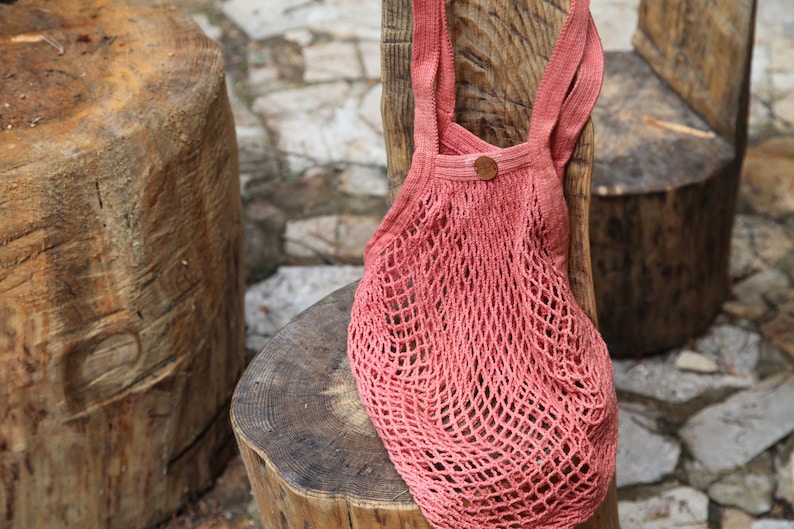 Cotton Mesh, Farmers Market Bag, Red Plant Dyed French Organic Cotton Crochet, OEKO, zero waste gift image 1