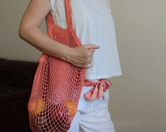 Eco Friendly Mesh Plant Dyed Market Bag Organic Cotton Crochet French Bag Brown