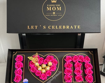 Mother’s Day gift I love Mom rose and chocolate Ferrero gift box, luxury gift box with artificial soap roses. No fresh flowers