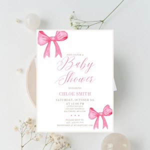 Pink Bow Baby Shower Invitation | Editable Digital Download | Girl Baby Shower Invite Template | Elegant Printable Invitation
