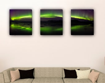 3 Piece Iceland Aurora Triple Canvas Wall Art Set - Iceland Photography Northern Lights
