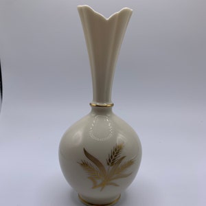 Vintage MCM Lenox Wheat High Bud Vase 8” Bulbous 24K Gold Trim Gold Mark USA