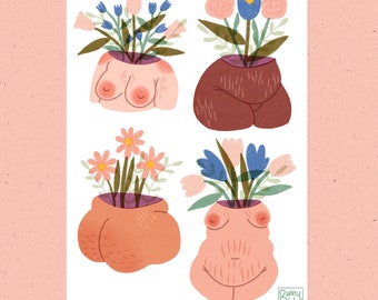 Fat bodies and florals A5 A4 A3 print | fat liberation body positive cozy joyful illustration retro 70s vibes