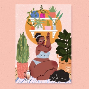 Morning flow A4 A3 Postcard print | yoga fat liberation body positive cozy joyful illustration