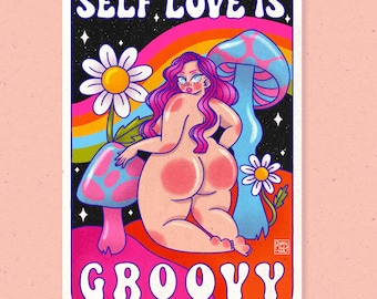 Self love is groovy A5 A4 A3 print | fat liberation body positive cozy joyful illustration retro 70s vibes