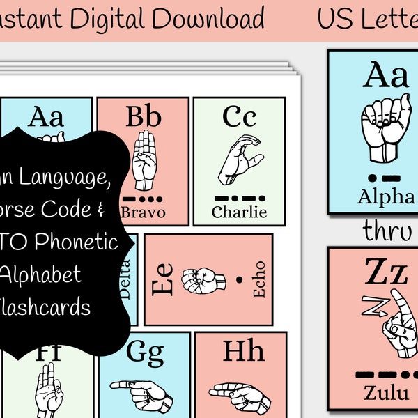 American Sign Language (ASL), Morse Code and NATO Phonetic Alphabet Flashcards, Instant Digital Download, US Letter Size