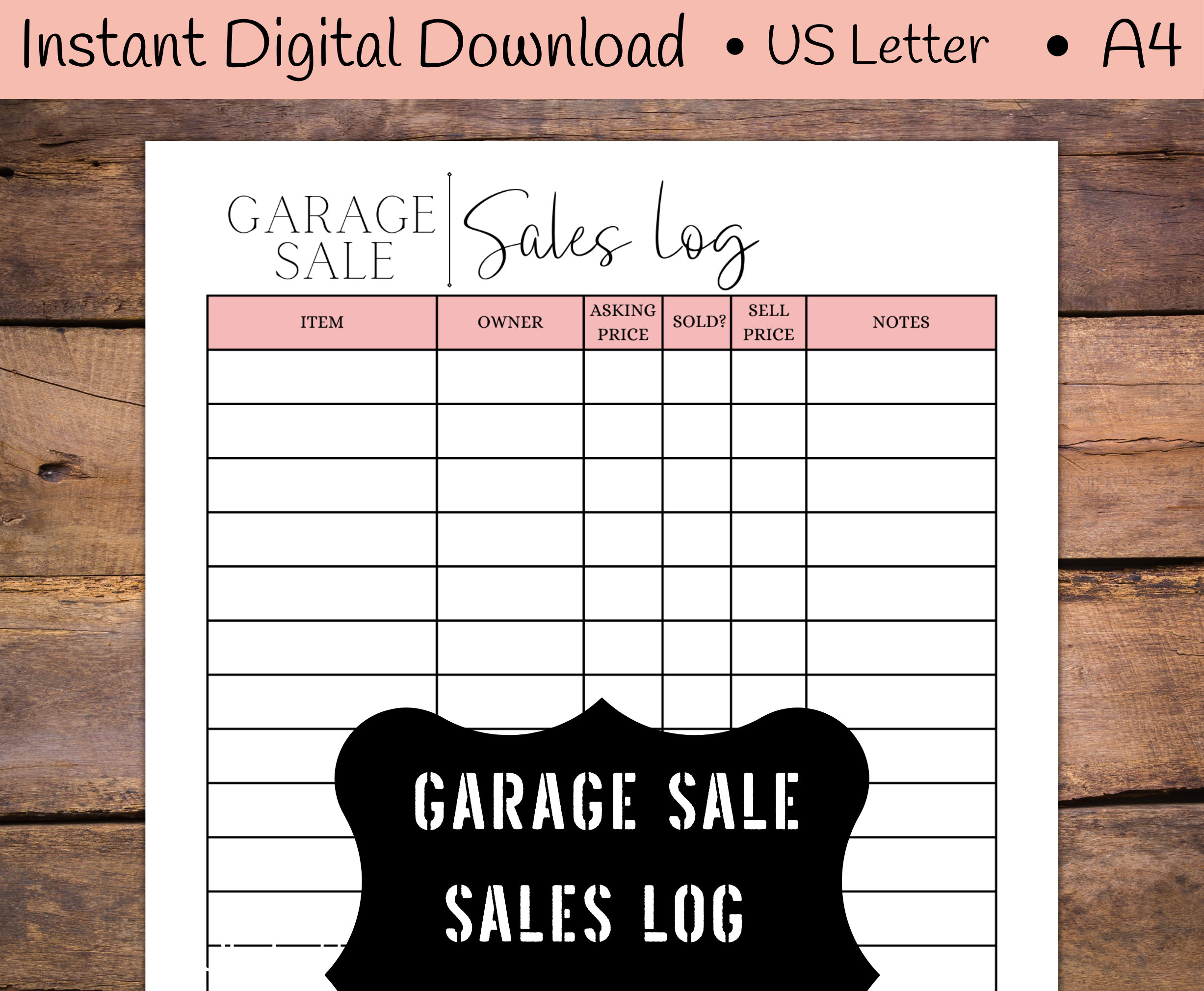 Garage Sale Sales Log, Yard Sale Sales Tracker, Instant Digital