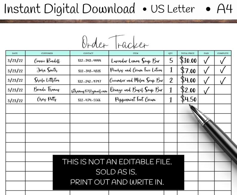Printable Order Tracker Order Log Instant Digital Download - Etsy