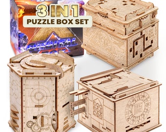 Trio Boxes Set - Escape Room in a Box - Brain Teaser Puzzles for Adults & Kids - Puzzle Box with Hidden Compartment - Christmas Decorations