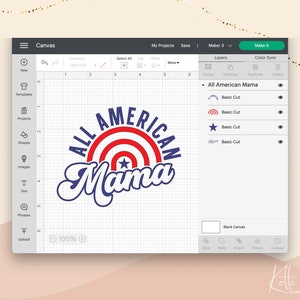 May include: A red, white, and blue graphic design with the text "All American Mama" in a retro font. The design features a red, white, and blue star and stripes pattern.