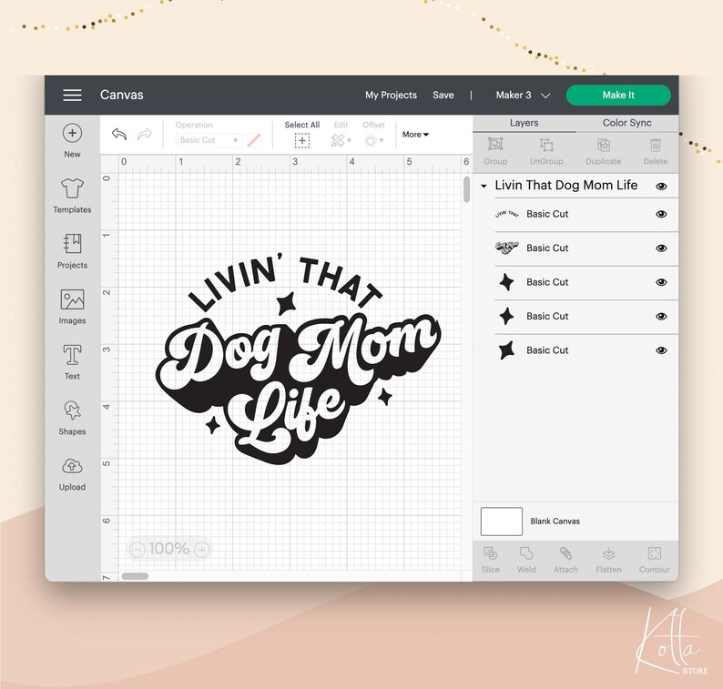 May include: Black and white graphic design with the text "Livin' That Dog Mom Life" in a retro font. The design includes a paw print, stars, and the words "Dog Mom Life" in a circle.