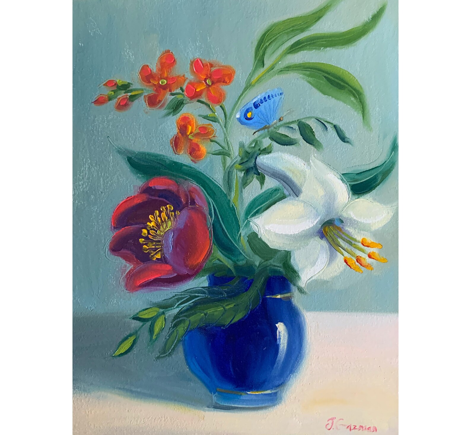 Flowers in a Blue Vase Art Original Oil Painting 9x12 by Etsy