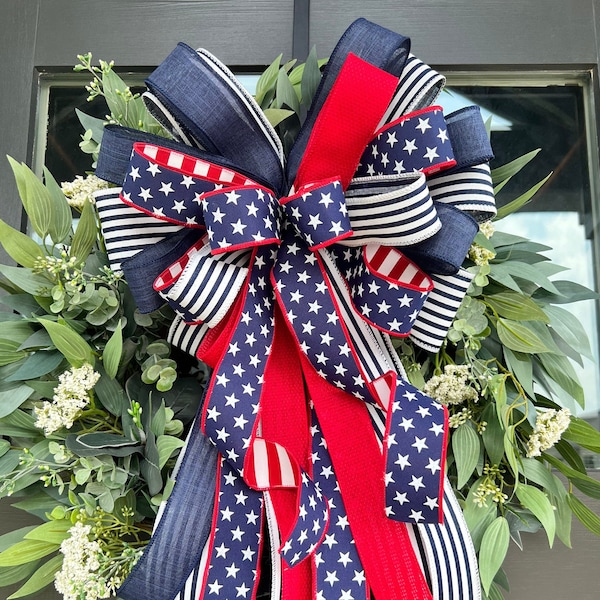 Fourth of July Bow, Large Wreath Bow, Lantern Bow, Red White and Blue USA, Outdoor Decor for Memorial Day, Patriotic Wired Ribbon Bow