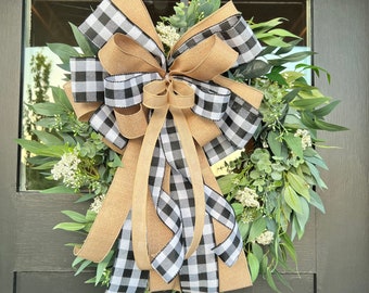 Buffalo Plaid and Burlap Lantern Topper Bow, Wreath Bow, Everyday Lantern Bow, Large Bow for Farmhouse Decor, White and Black Plaid Ribbon