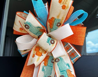Fall Wreath Bow with Blue Truck and Orange Pumpkins, Bow for Lantern, Autumn Bow for Front Porch, Fall Ribbon Bow