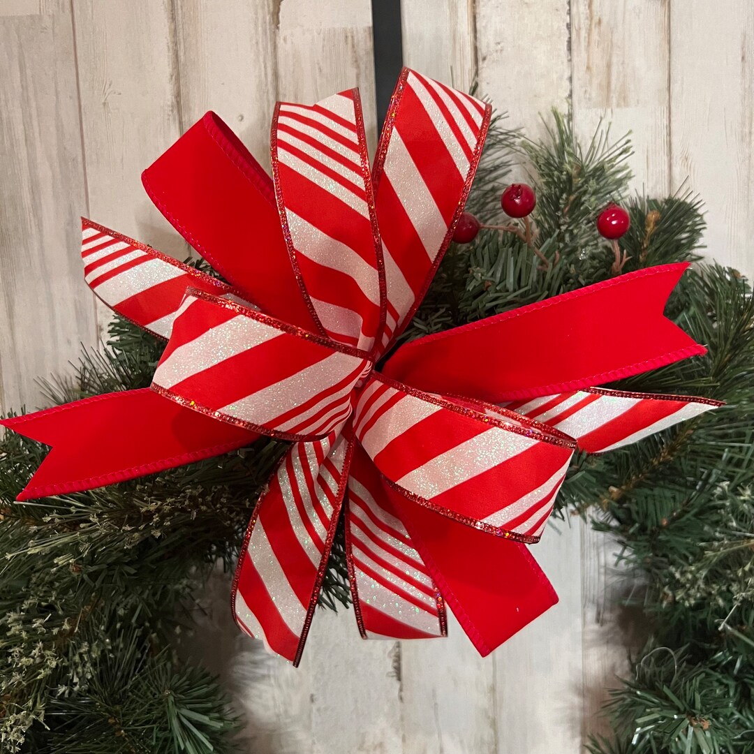 Candy Striped Tree Topper Bow, Red and White Christmas Bow, Large Wired ...