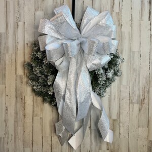 Silver Tree Topper Bow, Large Bow in Glitter Silver, Winter Themed Bow for Christmas Tree or Banister Bow, Wired Ribbon Streamers