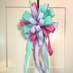Tree Topper Bow, Candy Land Christmas Theme Decor, 14&quot; Width with Long Ribbon Streamers, Pink Candy Theme Christmas Tree Bow, Blue Purple