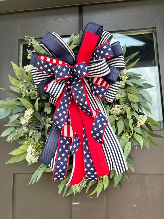 4th of July Bow, Large Bow for Wreath,Patriotic Bow with Stars and Stripes Ribbon, Red White and Blue Summer Decor, Memorial Day Tree Topper