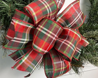 Red Plaid Bows - 6 Pack of Round Christmas Bows - Garland and Banister Accent Bows - Traditional Holiday Ribbon - Tartan Red and Green Plaid