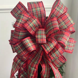 Christmas Tree Topper, Large Bow Wired Ribbon, Country Christmas Decor, Red Bow, Ribbon Topper, Buffalo Plaid Bow, Tartan Plaid Ribbon