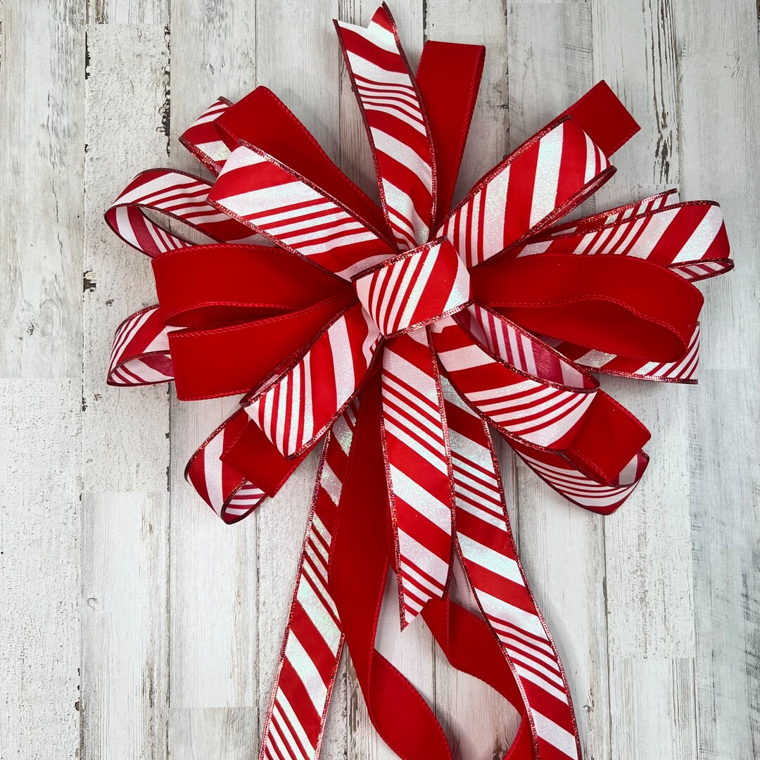 Candy Striped Tree Topper Bow, Red and White Christmas Bow, Large Wired ...