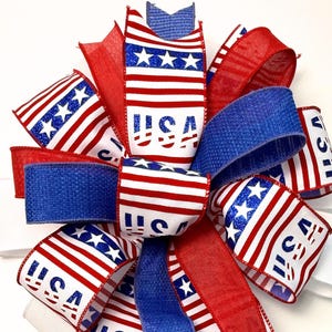 Patriotic Bow with USA Ribbon, Americana Backyard Decor, 4th of July Ribbon Bow, Large Wired Ribbon Bow with Streamers, Red White and Blue