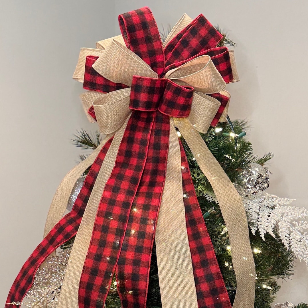 Burlap Tree Topper Bow, Rustic Christmas Bow, Red Buffalo Plaid Bow