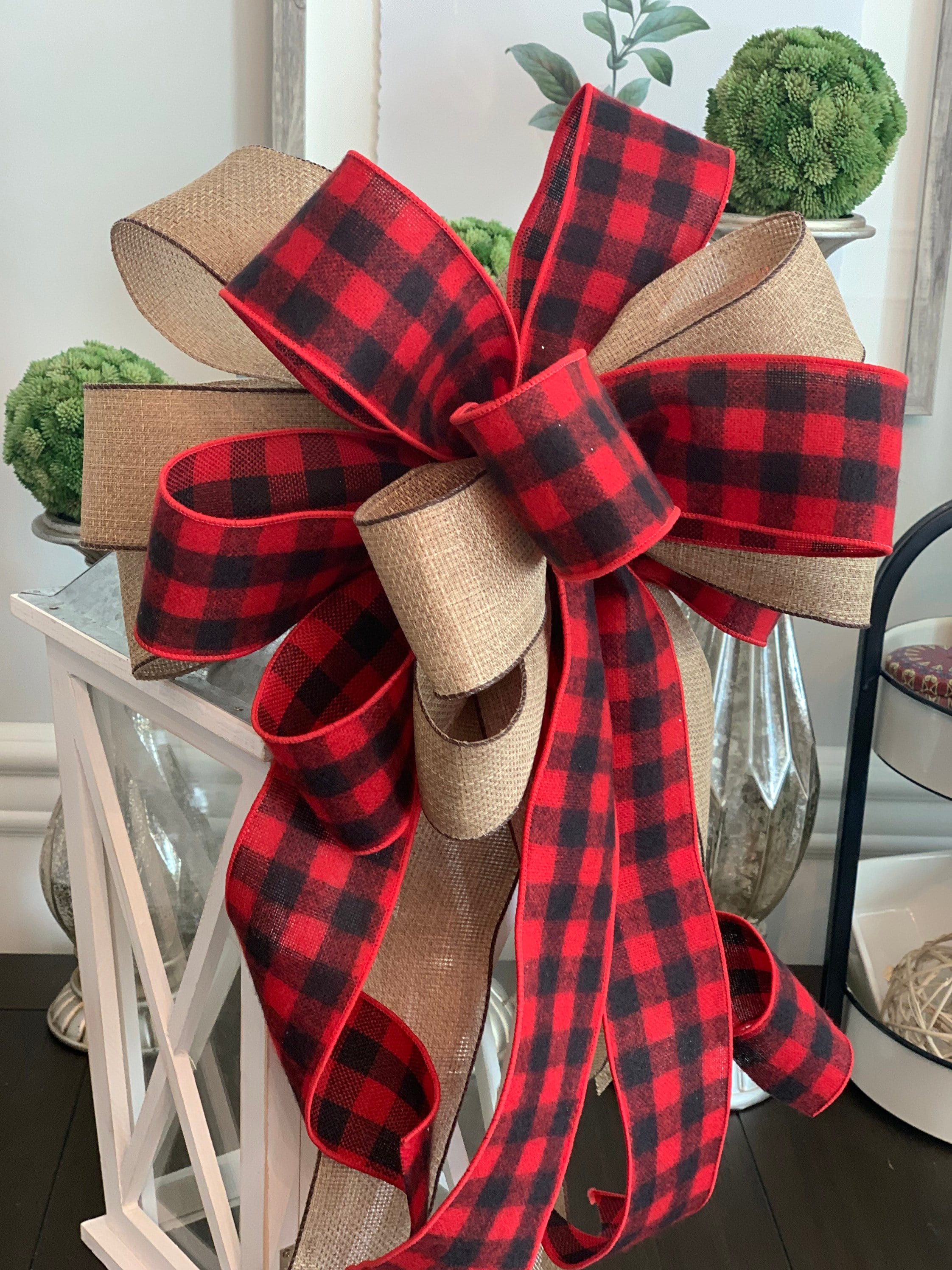 Burlap Tree Topper Bow Rustic Christmas Bow Red Buffalo Etsy