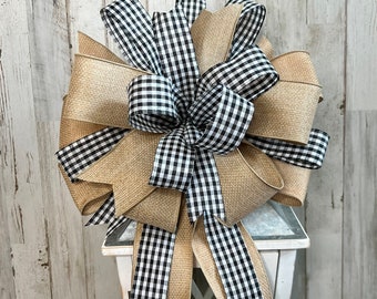 Black and White Buffalo Plaid Ribbon and Burlap Bows for Wreaths, Lanterns and Home Decor,Trendy and Rustic Bow in Beige, Decorative Bow