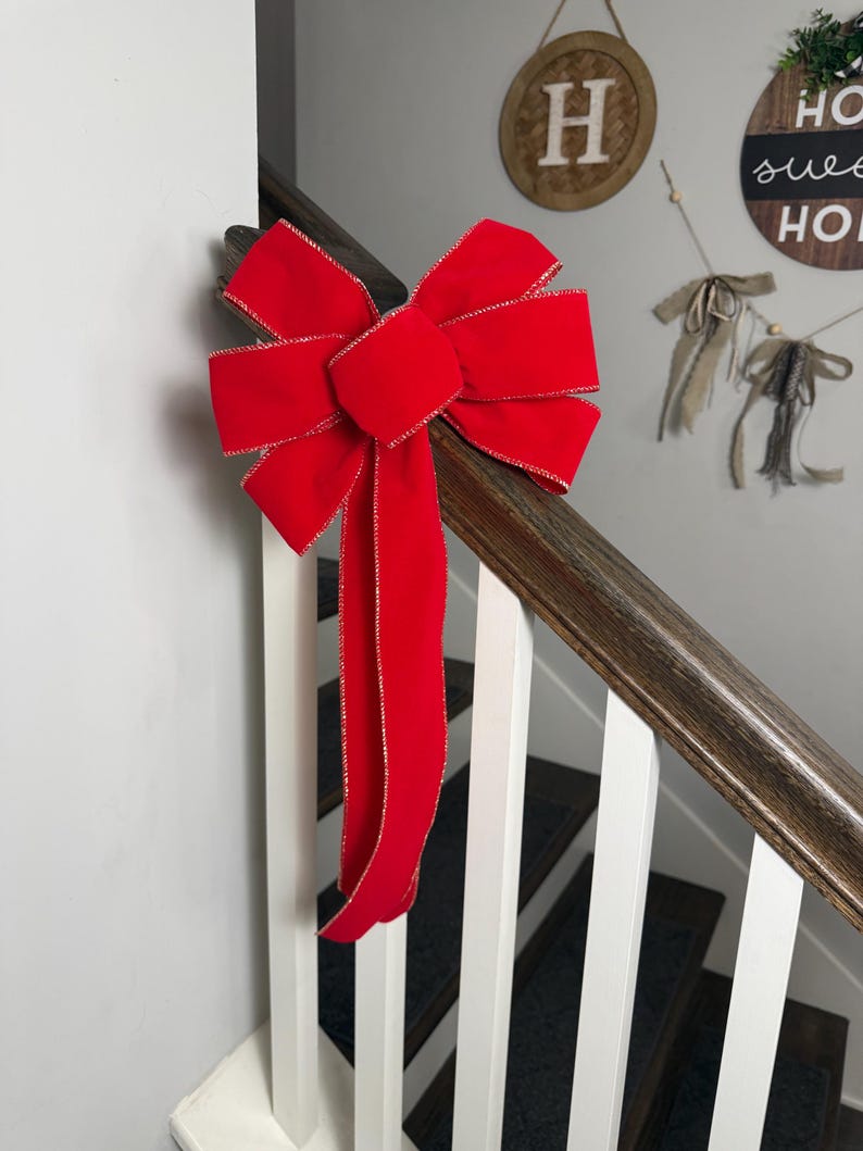 Velvet Bow - Holiday Red Ribbon - Stair Bow Set - Classic Long Tail Bow ...