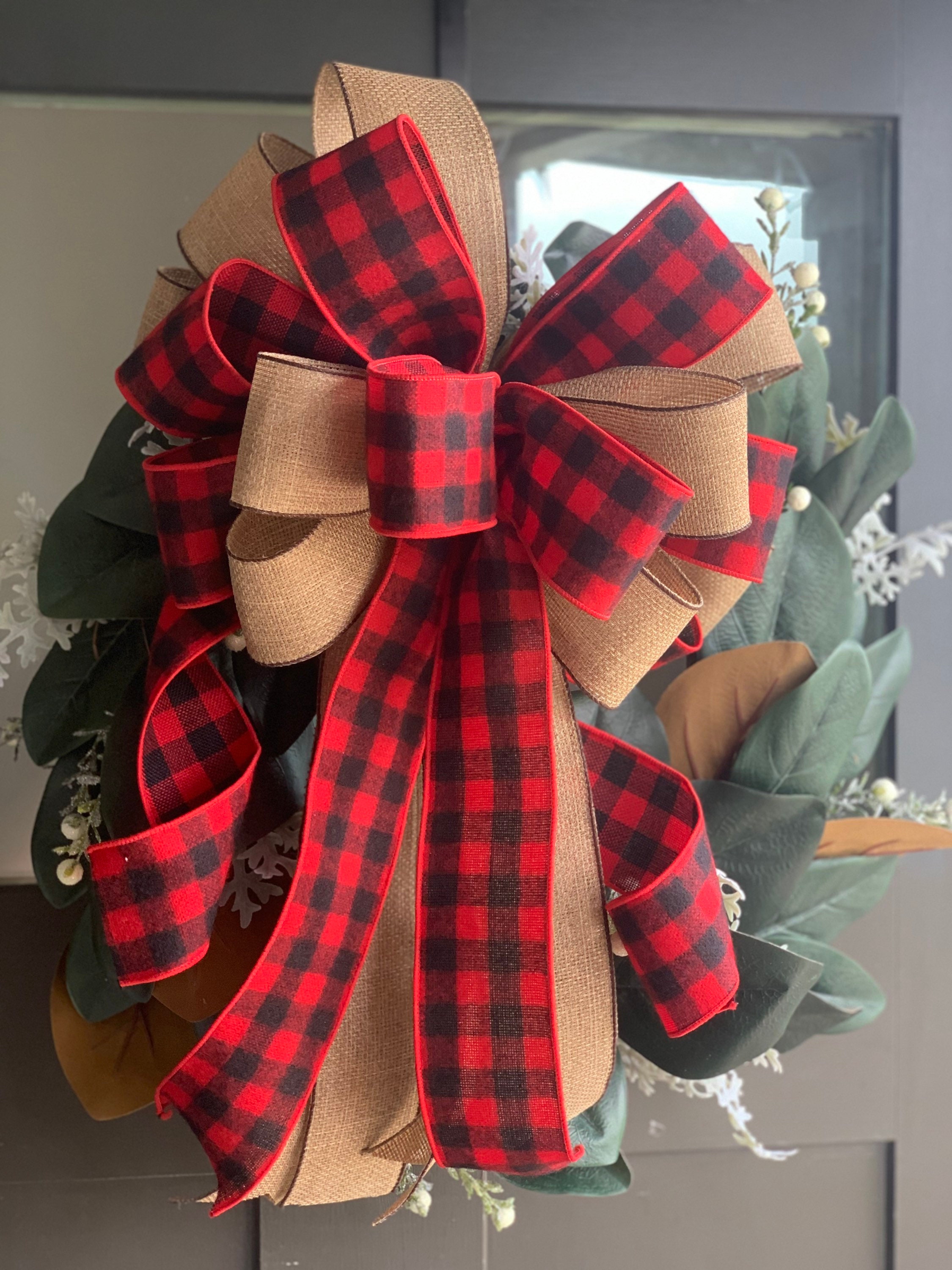 Burlap Tree Topper Bow Rustic Christmas Bow Red Buffalo Etsy