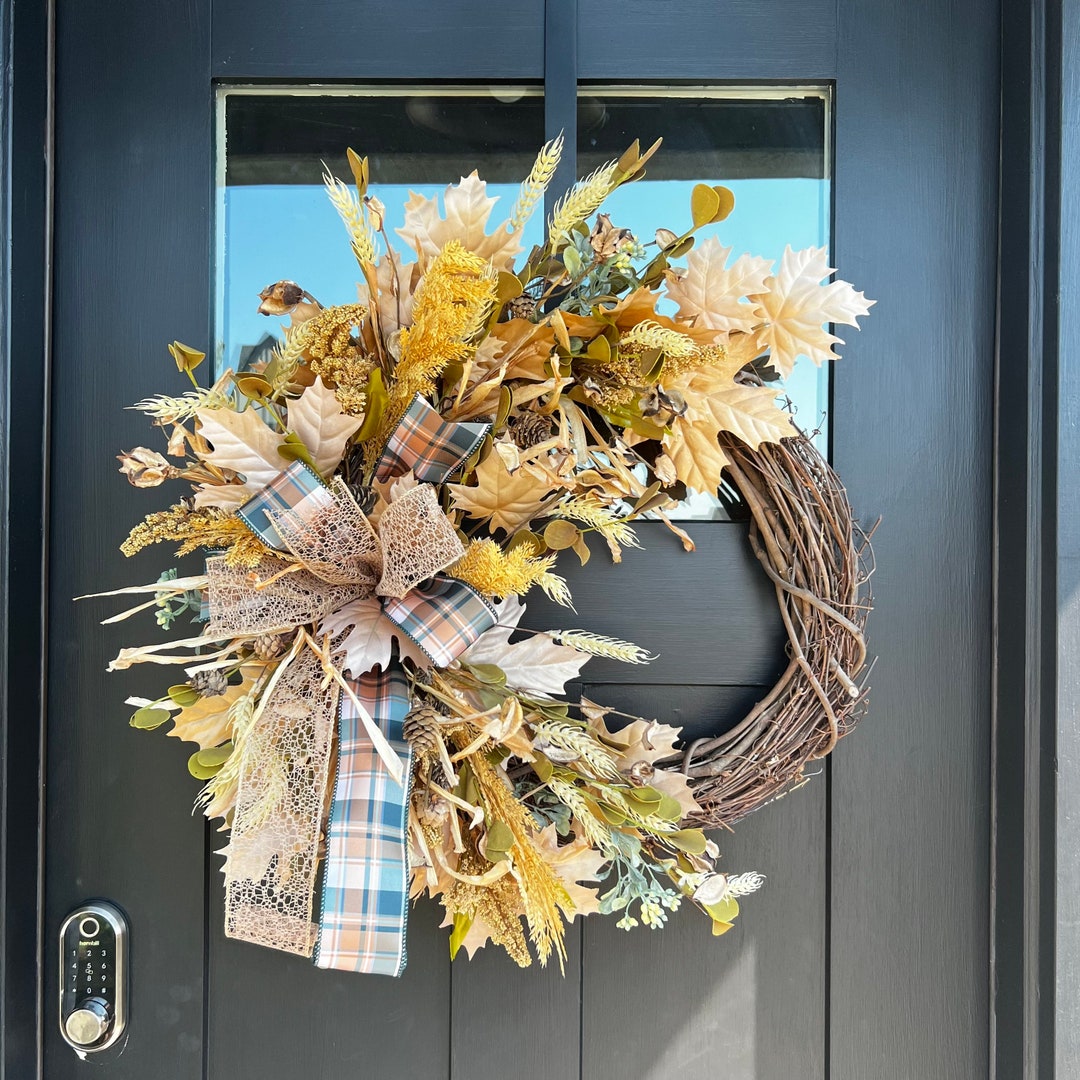 Rustic Fall Wreath, Neutral Fall Wreath Front Door, Wreath With Bow and ...