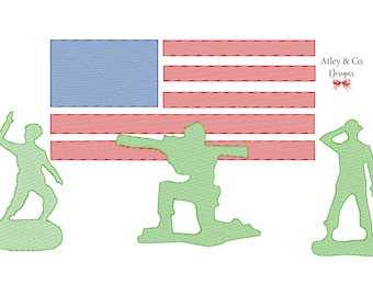 Toy Soldier Embroidery Design | Flag Sketch Fill Design | Memorial Day| Fourth of July | 5x7 6x10 8x8 9x9 Hoop Design