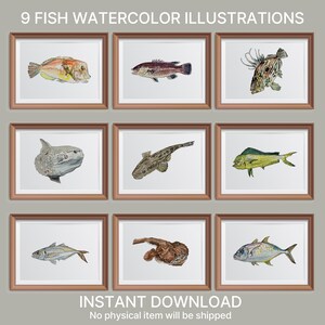 PRINTABLE Fish Watercolor Print Set Of 9, Fish Painting, Small picture frame Gift Fishing Wall Art INSTANT DOWNLOAD_03