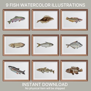 PRINTABLE Fish Watercolor Print Set Of 9, Fish Painting, Small picture frame Gift Fishing Wall Art INSTANT DOWNLOAD_04