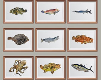 PRINTABLE Fish Watercolor Print Set Of 9, Fish Painting, Small picture frame Gift Fishing Wall Art INSTANT DOWNLOAD_05