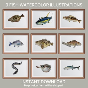 PRINTABLE Fish Watercolor Print Set Of 9, Fish Painting, Small picture frame Gift Fishing Wall Art INSTANT DOWNLOAD_06