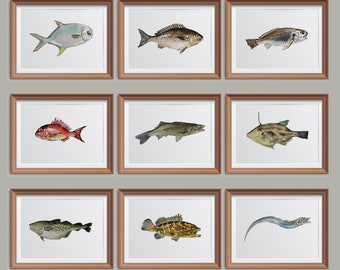 PRINTABLE Fish Watercolor Print Set Of 9, Fish Painting, Small picture frame Gift Fishing Wall Art INSTANT DOWNLOAD_08