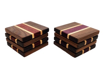 Hardwood Coasters - Handcrafted with Walnut, Maple, and Padauk or Purple Heart - Set of 4