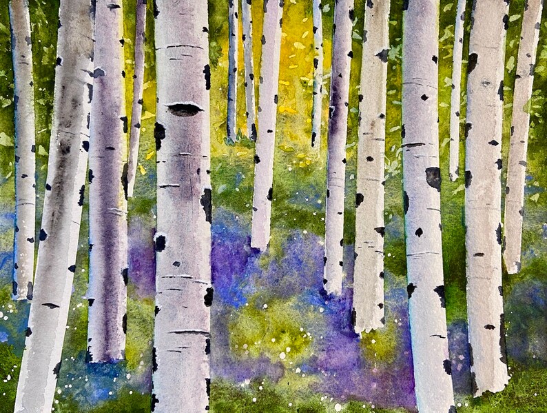 Bluebell woods and silver birch trees. Original watercolour painting image 1