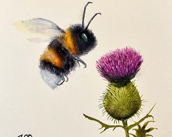 Watercolour bumble bee and thistle