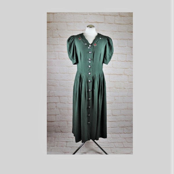 Maxikleid Vintage Kleid Berwin & Wolff Größe 38 40 Dunkelgrün Graugrün Stickerei Trachten Kleeblatt Dirndl Rockabilly