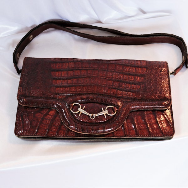 True Vintage Elegant Handtasche Abendtasche Schultertasche Braun Kroko Horse Bit Schnalle Leder Ledertasche Clutch Fächertasche