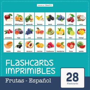 Puede incluir: Un conjunto de tarjetas didácticas en español con diversas frutas, incluyendo manzanas, albaricoques, aguacates, plátanos, moras, arándanos, cerezas y cocos. El conjunto se titula "FLASHCARDS IMPRIMIBLES Frutas - Español" y contiene 28 tarjetas.
