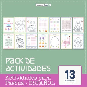 Può includere: Un set di 13 flashcard a tema pasquale con varie attività, tra cui pagine da colorare, labirinti e cruciverba. Le carte presentano illustrazioni di uova di Pasqua, coniglietti e altre grafiche legate alle festività. Il testo sulle carte è in spagnolo.
