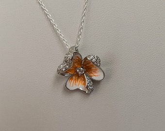 Sterling Silver Hand-Painted Hawaiian Flower with CZ necklace