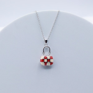Pink and White Checkered CZ Purse Pendant Necklace