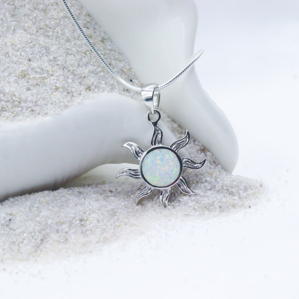 White Opal Sun Sterling Silver Pendant Necklace- Silver