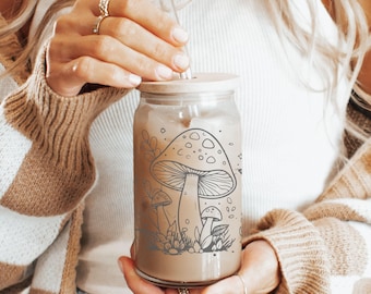 Mushroom Glass Iced Coffee Cup, Cute Gift Ideas, Glass Can With Lid, Boho Glass Mug, Gift For Her, Retro Floral Mushroom, Beer Can Glass